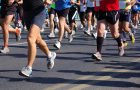 A group of people are running in a race.  Only their legs are visible.  They are all wearing short pants and T-shirts.  They are also wearing running shoes.  On the right side of the ground, the shadows of spectators are visible.